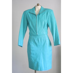 Vintage Yucatan Bay Leather Suit / 1980s 90s Two Piece Turquoise Cropped Leather Jacket & Pencil Skirt Power Suit