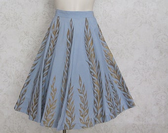 1950s Vintage Floral Novelty Skirt / 50s Hand Painted Full Cotton Floral Botanical Print Skirt