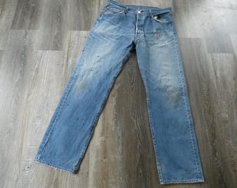 Vintage Levi 501 Jeans Distressed Denim 38 x 36 Tag (36x33) Button Fly Levis Single Stitch Naturally Faded Frayed