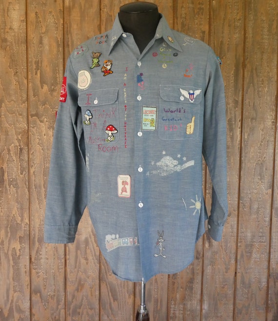 Vintage 1970s Hand Embroidered Chambray Shirt / 7… - image 3