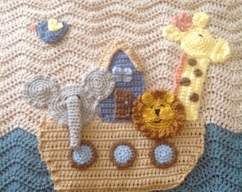 Adorable Noah's Ark Ripple Baby Blanket Throw and Hat - Giraffe, Elephant, Lion, Octopus, Turtle