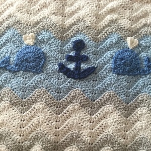 Adorable Chevron Ripple Crochet  Crib Blanket - Blue, White and Gray Stripes with Whale and Anchor