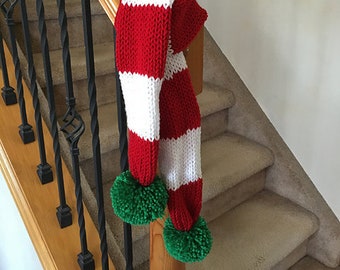 RESERVED FOR BETH - Merry Christmas Super Fun Candy Cane Scarf in Red and White Stripes with Big Green Pom Poms