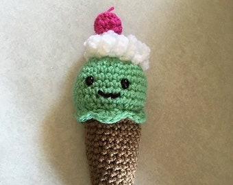 Happy Crochet Mint Ice Cream Cone with Whipped Cream and Cherry Play Food