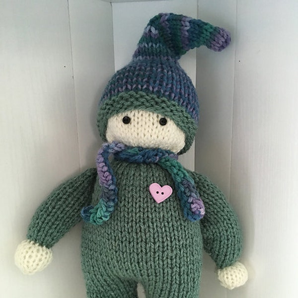 Adorable Hand-Knit Boy Doll in Sage Green with Green, Blue and Purple Stripe Hat