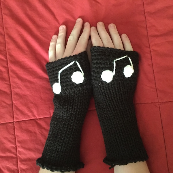 Music Lovers Hand-Knit Fingerless Gloves - Black with White Piano Notes