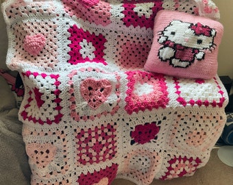 Pretty in PINK Valentines Day Crochet Granny Square Blanket Throw - Hearts in Pink, Pink and Pink