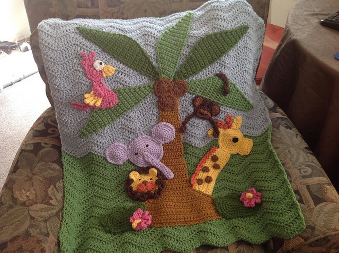 Custom Jungle Theme Crochet Baby Blanket With Giraffe Lion Elephant and ...