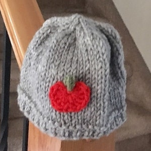 May include: Gray knitted beanie with a red apple applique. The apple has a green stem and leaf.