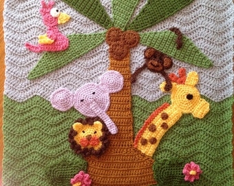 Custom Jungle Theme Crochet Baby Blanket with Giraffe Lion Elephant and Monkey
