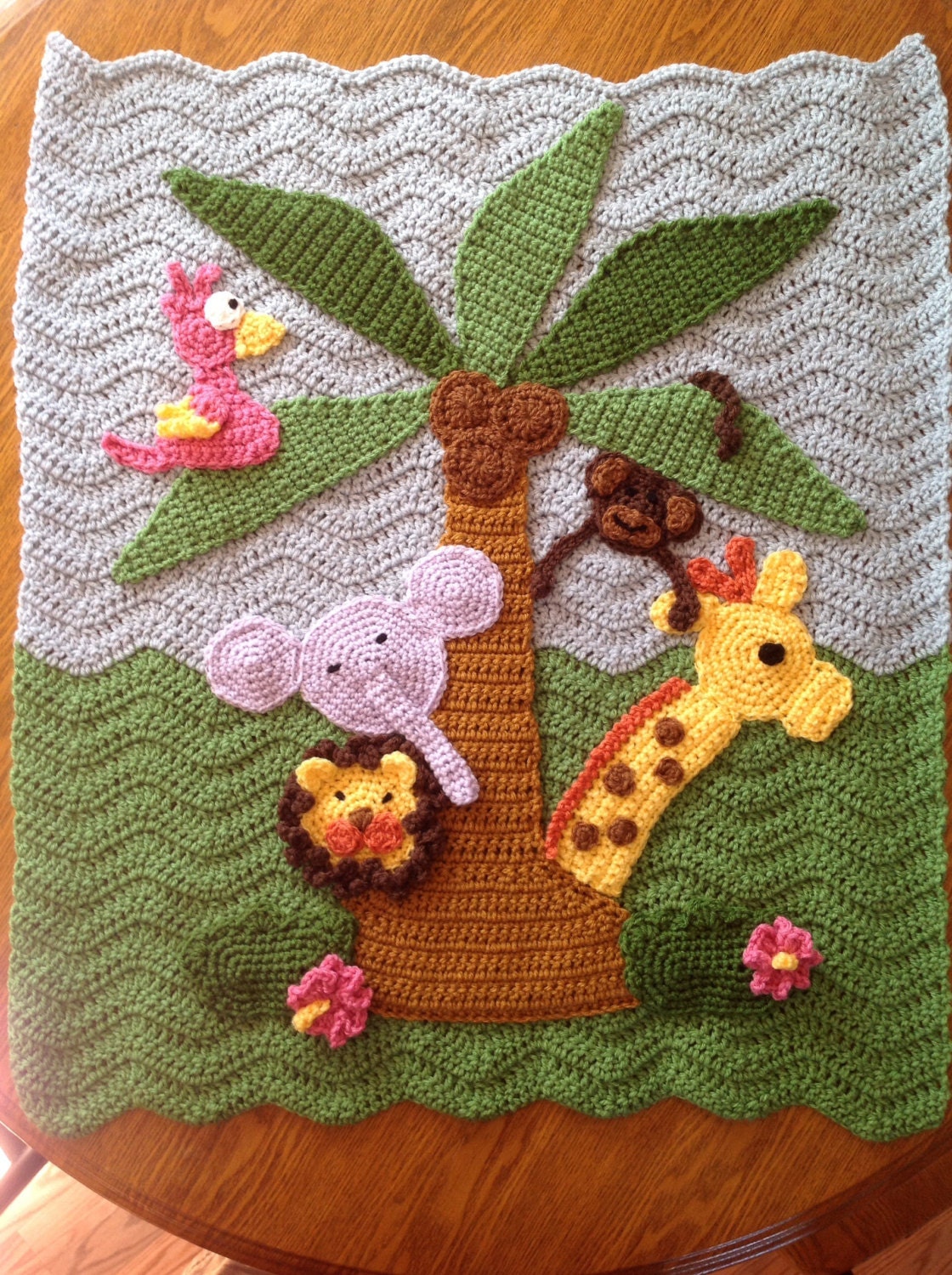 Custom Jungle Theme Crochet Baby Blanket With Giraffe Lion Elephant and ...