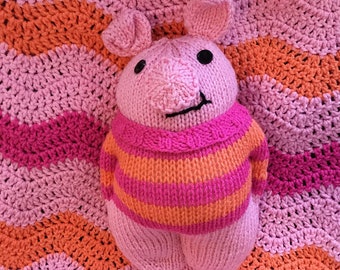 Adorable Pig and Matching Crochet Baby Blanket - Pink, Mango and Hot Rose - Perfect Baby Shower Gift - Chevron, Wavy, ZigZag Farm