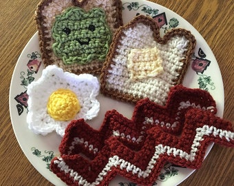 Delicious Set of Crochet Breakfast - Bacon, Eggs, Toast with Butter and Avocado Toast -  YUM!