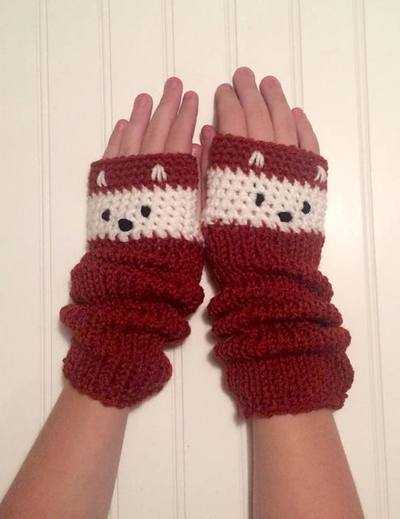 Fox Mitts Fingerless Gloves in Rust Red and Cream image 1
