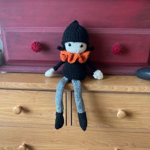 Perfect Halloween Doll - Hand Knit in Black and Linen with Orange Ruffle on Black Dress