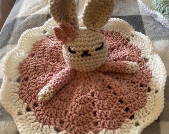 Cutest Little Easter Bunny Rabbit Lovey Blanket in Pink and Linen Natural with White Trim - Cuddle Up
