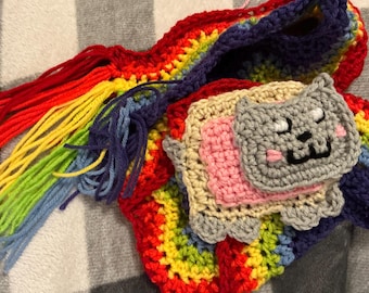 Adorable Fans of Nyan Cat Rainbow Scarf -  Crochet Wall Hanging or Scarf with Fringe
