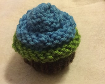 Delicious Knit Cupcake Treat - Chocolate Brown Bottom with Bright Blue and Green Swirls