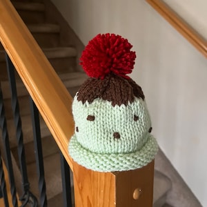 NEWBORN Baby Knit Hat - Mint Chocolate Chip Ice Cream Sundae with Red Cherry PomPom