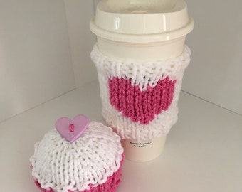 Valentine Heart Drink Sleeve Cozy Cosy Winter Crochet Snuggy with Heart Cupcake