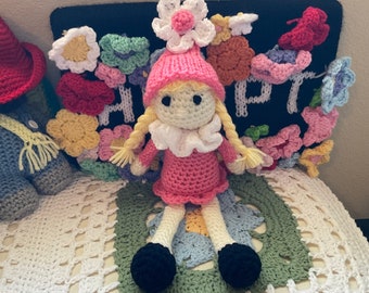 Girl Doll - Hand Crochet in Pink Dress and Hat with Big Flower - Blond Hair in Ponytails
