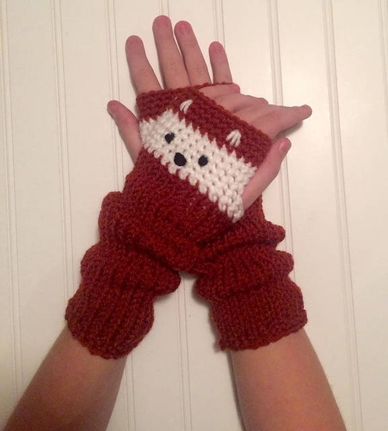 Fox Mitts Fingerless Gloves in Rust Red and Cream image 3