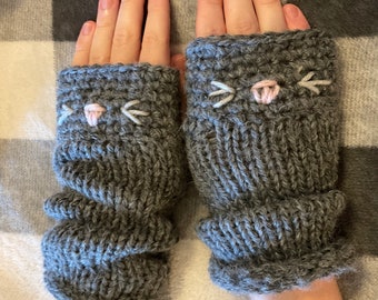 Cutest Mitts Ever - Adorable Kitty Cat Fingerless Gloves Hand-Knit in Gray Grey with Pink