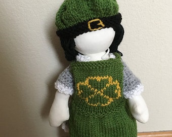 Saint Patricks Day Celtic 18" Doll Clothes - Knit Green Apron with Gold Shamrock and Beret Hat