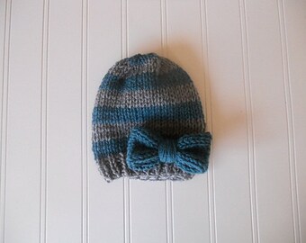 Hand Knitted Toddler Hat in Teal and Grey Stripes with or without Bow