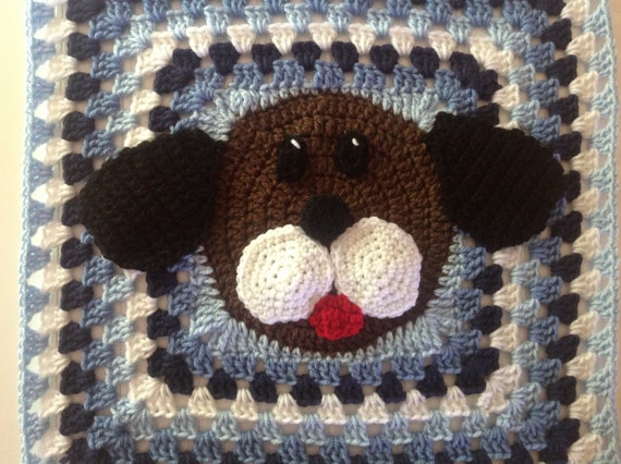 Adorable Crochet Granny Square Blanket Blue Puppy Dog