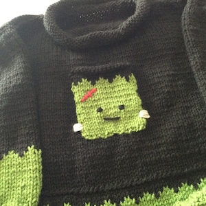 Happy Halloween - Adorable Hand-Knit Sweater - Frankenstein Monster in Black and Green