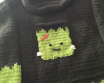 Happy Halloween - Adorable Hand-Knit Sweater - Frankenstein Monster in Black and Green