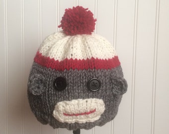 Fans of the Sock Monkey Hand-Knit Happy Monkey Hat in Grey and Red - adult size