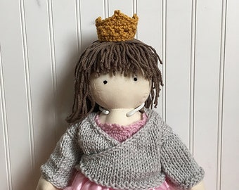 Adorable muñeca de muslin de bailarina de 18" con leotardo tejido a mano, suéter, corona y zapatos