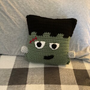Adorable Halloween Frankenstein Monster Pillow - Hand Crochet in Green and Black - Cute not Scary Fun