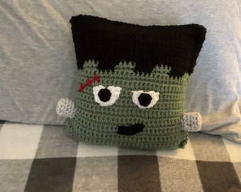 Adorable Halloween Frankenstein Monster Pillow - Hand Crochet in Green and Black - Cute not Scary Fun