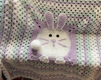 Adorable Easter Bunny Love Keepsake Baby Blanket - Granny Square Throw in Lavender Purple, Soft Green and White
