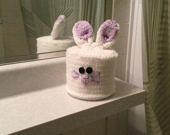 Happy Easter!  Adorable Bunny Rabbit Toilet Paper Roll Cover Knit in White with Lavender Purple