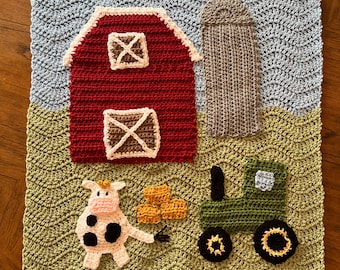 Crochet Ripple Baby Blanket = Farm Red Barn Silo Cow and Tractor