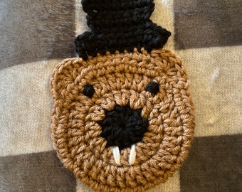 Groundhog Day Crochet Drink Coaster with Hat
