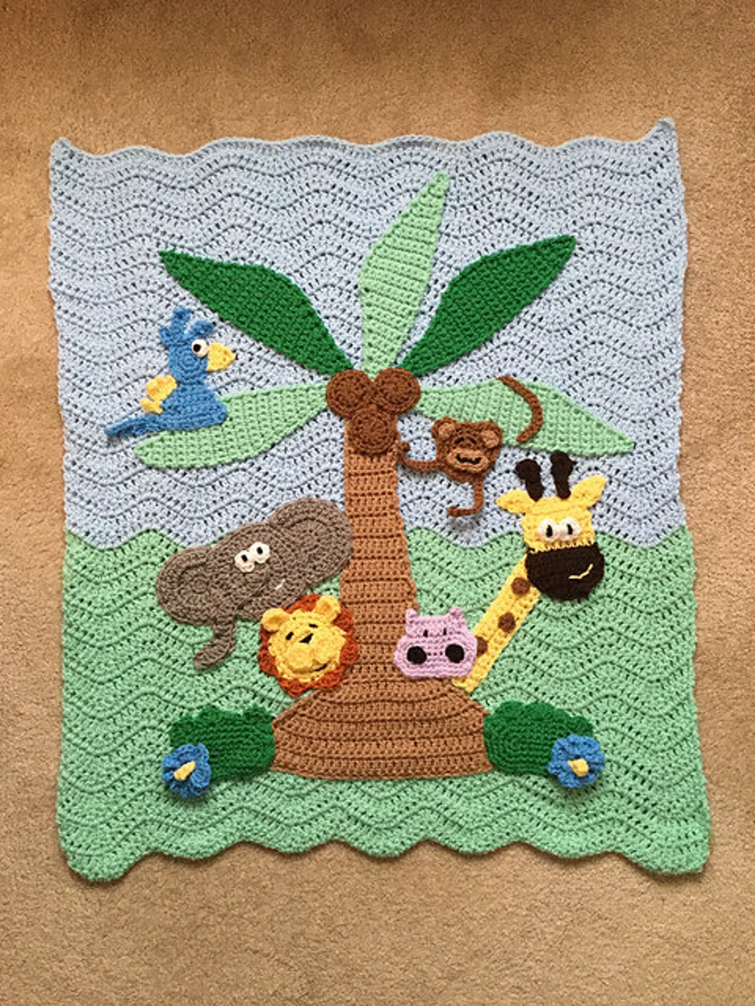 Custom Jungle Theme Crochet Baby Blanket With Giraffe Lion Elephant and ...