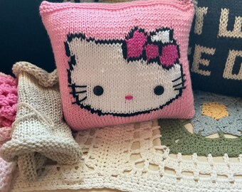 Cutest Pillow Ever - Hand-Knit Valentine Kitty Pillow with Heart - Pink and Gray