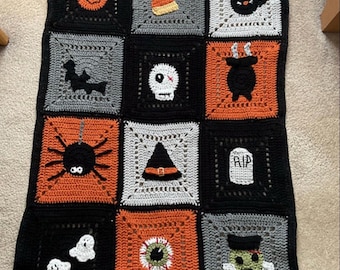 Awesome Halloween Crochet Throw - Adorable Crochet Granny Square Blanket- Halloween Dream Decoration