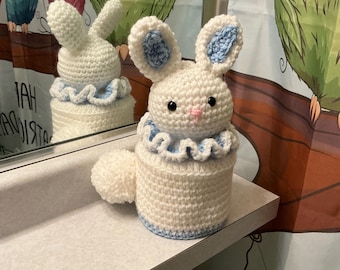 Happy Easter!  Adorable Bunny Rabbit Toilet Paper Roll Crochet Cover in White with Blue Bunny Ears
