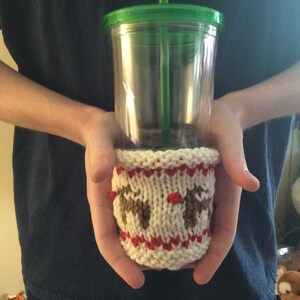 I Love Christmas!  Super Cute Hand-Knit Reindeer Rudolph Drink Sleeve Cozy Cosy Winter Fun