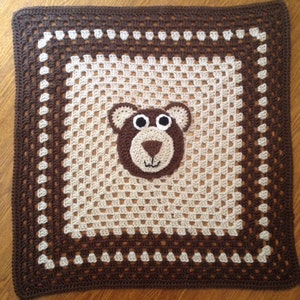 Brown Bear Love Baby Blanket - Granny Square Throw in Soft Brown and Cream