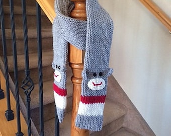 Awesome Sock Monkey Scarf in Grey with Red and Cream Stripes