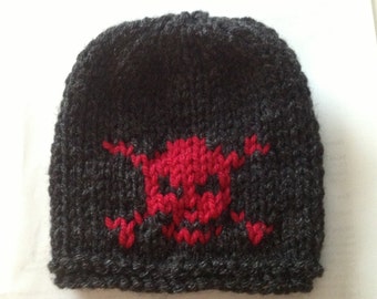 Skull and Crossbones Hand-Knit Newborn Baby Hat in Charcoal Grey and Red