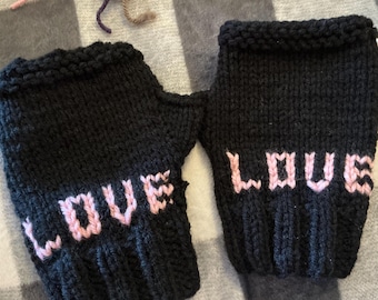 Love Mitts - Fingerless Gloves in Black with Light Pink Lettering