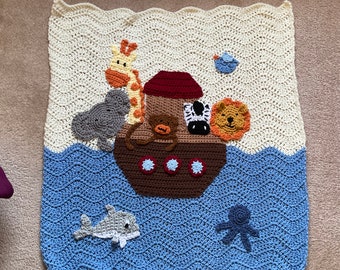 Adorable Crochet Noah's Ark Ripple Baby Blanket Throw - Giraffe, Elephant, Lion, Monkey, Zebra, Octopus and Dolphin - Boy or Girl